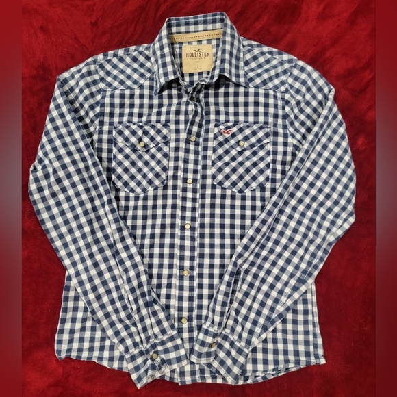 Hollister Blue Casual Pearl Snap Button Down Shirt with Gingham Pattern - Picture 1 of 6